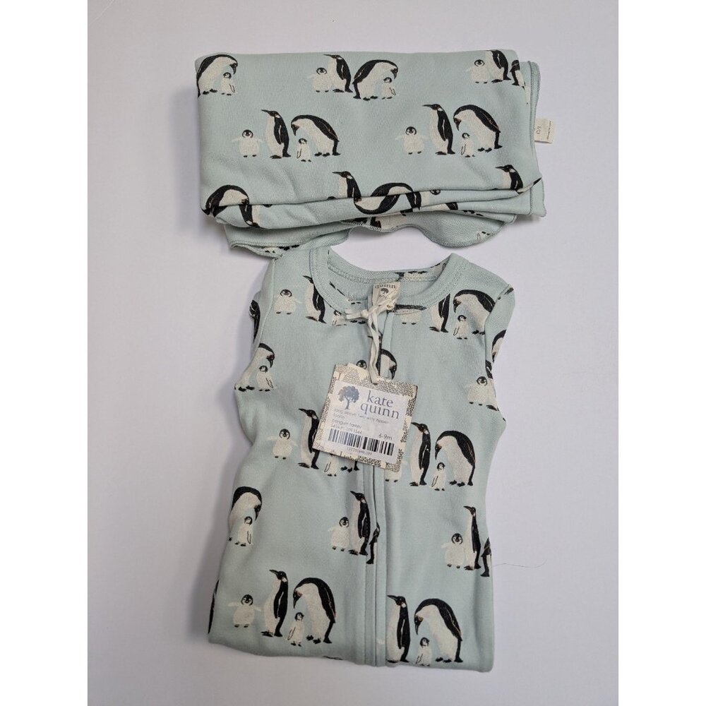 Kate Quinn Organic Cotton Zipper Footie & Swaddle Penguin Family 6-9 Months